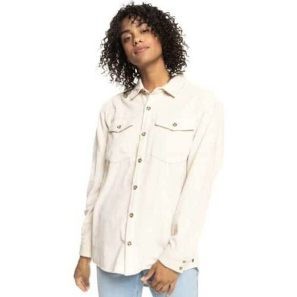 Roxy Let It Go Corduroy Button Up Shirt Egret Cream Size Large - Picture 8 of 13
